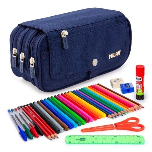 Astuccio Triplo Milan 1918 Blu con Materiale Scolastico Incluso, 4 Cerniere