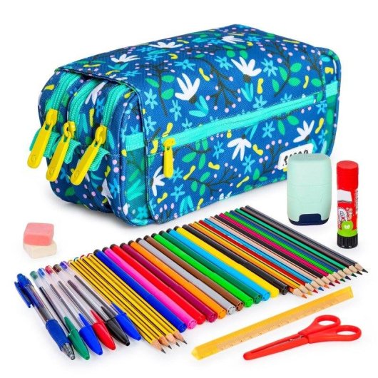 Estuche Escolar Triple ColePack Design Grafoplás Blue Garden con 40 Utensilios