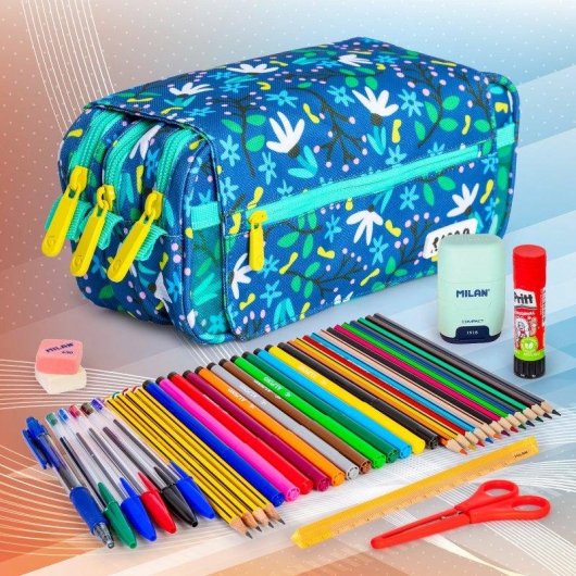 Estuche Escolar Triple ColePack Design Grafoplás Blue Garden con 40 Utensilios