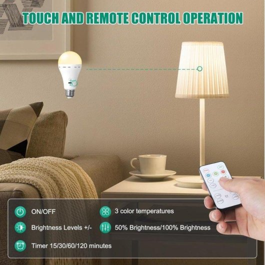 Lâmpada LED Recarregável USB-C E27 3W Autrucker 3 Tonos de Luz Ajustáveis