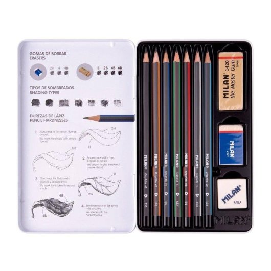 Caja Metalica Milan Art 7 Lápices Grafito Gomas Sacapuntas