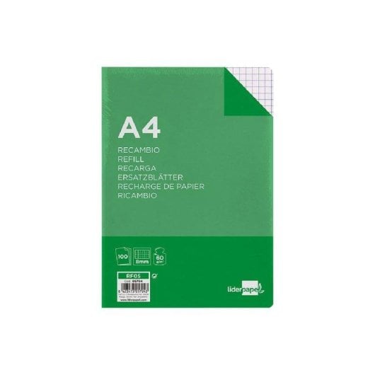 Rimpiazzo A4 100 fogli 60g/m2 quadrettato 8mm con margini 4 perforazioni Liderpapel