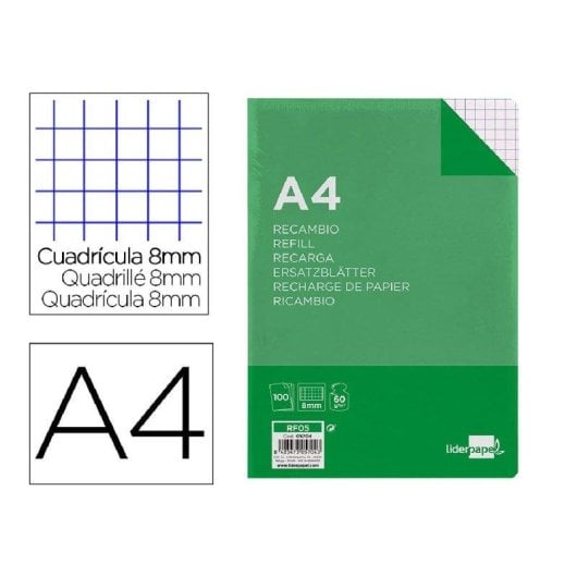 Rimpiazzo A4 100 fogli 60g/m2 quadrettato 8mm con margini 4 perforazioni Liderpapel