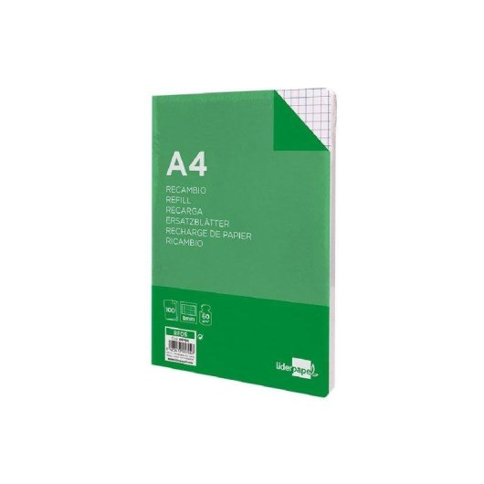 Rimpiazzo A4 100 fogli 60g/m2 quadrettato 8mm con margini 4 perforazioni Liderpapel