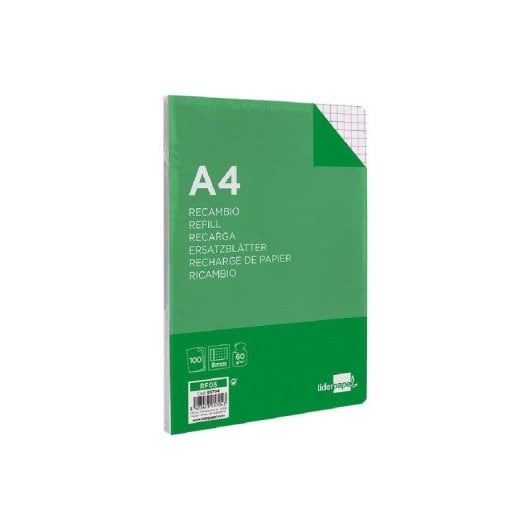 Rimpiazzo A4 100 fogli 60g/m2 quadrettato 8mm con margini 4 perforazioni Liderpapel