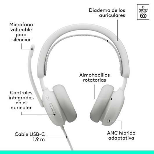 Auriculares Logitech Zone Wired 2 com cabo USB-C, Cancelamento Ativo de Ruído, branco
