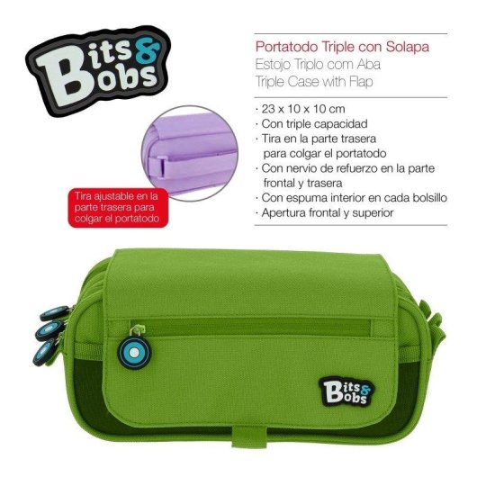 Estuche Escolar Triple Grafoplás BitsBobs con Material Incluido Verde