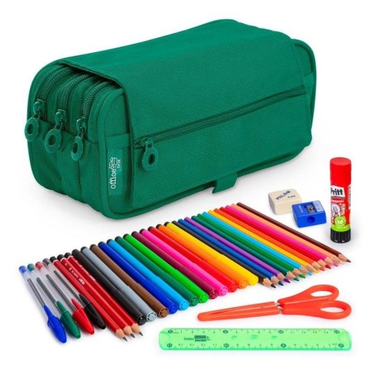 Astuccio Triplo Officebox Eco con Materiale Scolastico Incluso - Verde