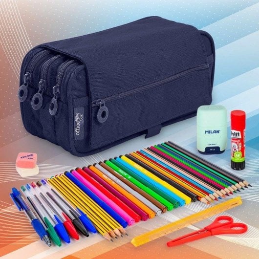 Estuche Escolar Triple ColePack Pro Officebox Azul Marino con 40 Utensilios