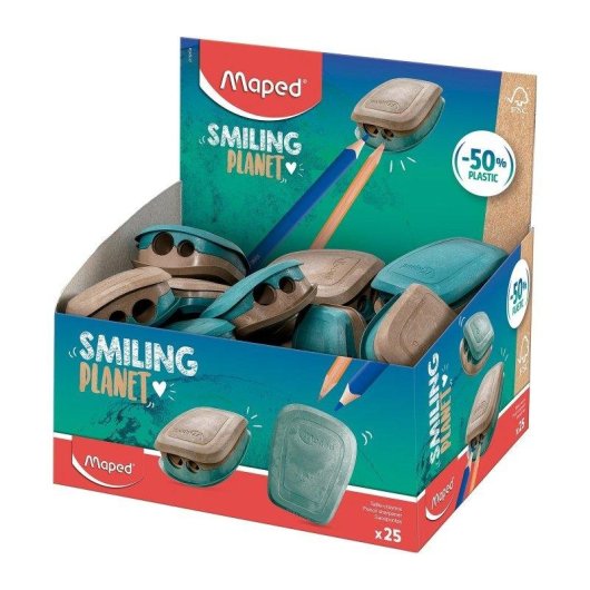 Sacapuntas Maped Smiling Planet Doble Depósito Fibra Madera FSC