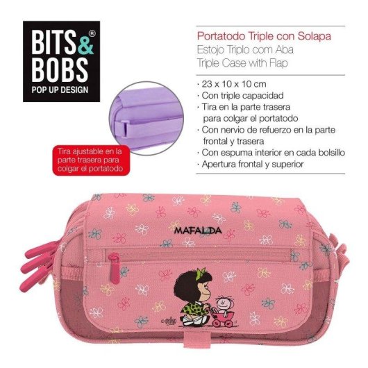 Estuche Portatodo Triple Escolar Grafoplás Bits and Bobs Diseño, Bolsillos extras