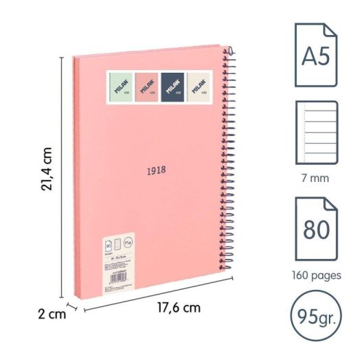 Cuaderno Milan 430 A5 Espiral Tapa Dura 80 Hojas Pautado Rosa