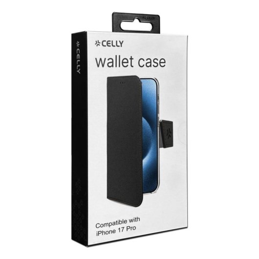 Funda para móvil Celly WALLY portefeuille cuir synthétique noir avec support pour iPhone 17 Pro