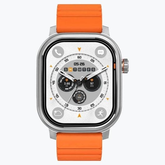 Kospet Pulse Bluetooth 45mm AMOLED Argent Bracelet Orange IP68 SpO2 Pulsomètre Alerte SOS