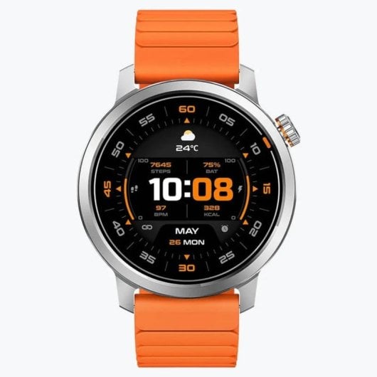 Kospet Orb Bluetooth 44mm AMOLED Argento Cinturino Arancione IP68 SpO2 Pulsometro Sonno SOS