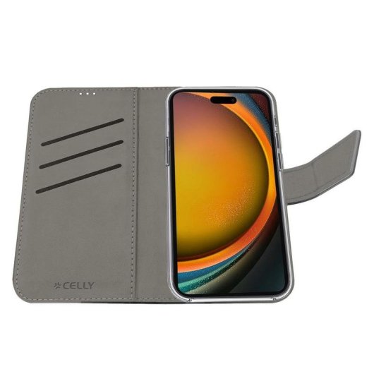 Funda para móvil Celly WALLY cartera en piel sintética arena con soporte para iPhone 17