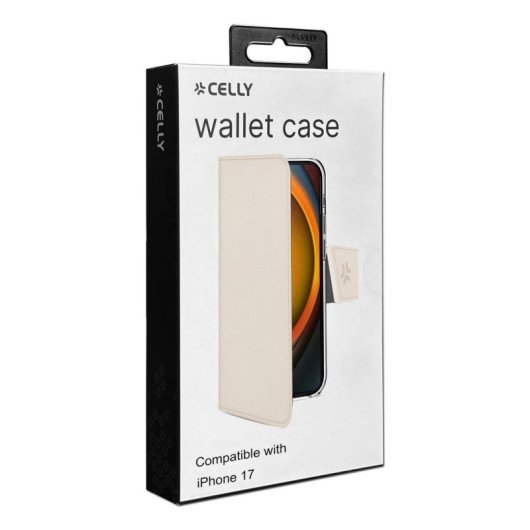 Funda para móvil Celly WALLY cartera en piel sintética arena con soporte para iPhone 17