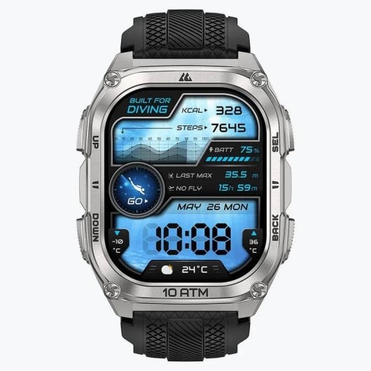 Kospet Tank M4 Bluetooth GPS 50mm AMOLED Plata Correa Negra One size Resistencia Agua IP69K SpO2 Pulsómetro