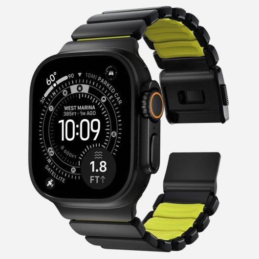 Pulsera Nomad Stratos Band para Apple Watch Ultra 1-11 y SE, Negro Titanio, hebilla Volt