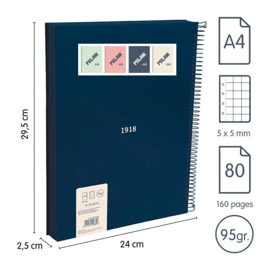 Cuaderno A4 Milan 430 Espiral Tapa Dura Cuadriculado 80 Hojas Azul