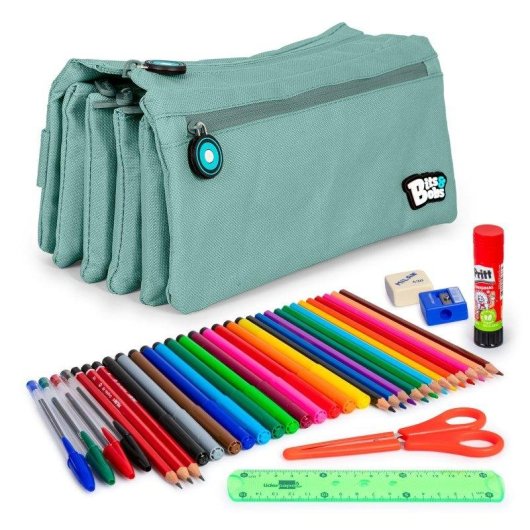 Estuche Escolar Grafoplas Bits and Bobs Cuadruple Azul Soft con Pack Material 36 Utensilios