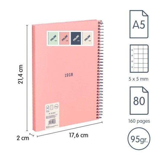 Cuaderno Milan 430 A5 Espiral Tapa Dura Cuadriculado 80 Hojas 95gr