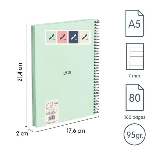 Pack 4 Cuadernos A5 Espiral Tapa Dura Milan 430 80 Hojas Pautadas
