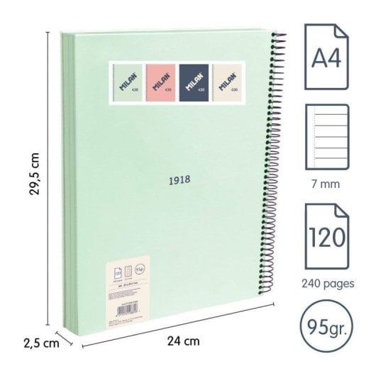 Cuadernos Milan 430 Pack 4 A4 Espiral Tapa Dura 120 Hojas 95g