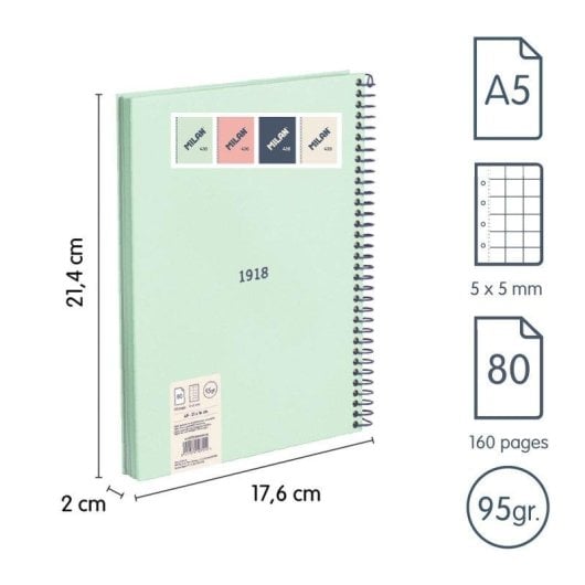 Cuaderno Milan 430 A5 Espiral Tapa Dura Cuadriculado Pack 4 Unidades