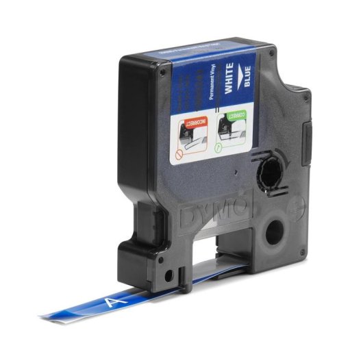 Etiquetas vinil autoadesivas DYMO Rhino 12 mm x 5,5 m branco sobre azul