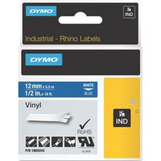 Etiquetas vinil autoadesivas DYMO Rhino 12 mm x 5,5 m branco sobre azul