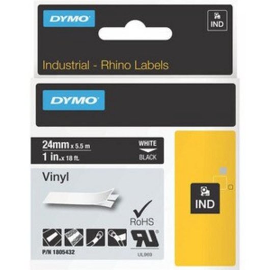 Fita Vinil DYMO Rhino 24 mm Branco sobre Preto Resistente Exterior
