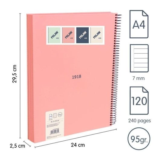 Cuaderno A4 Espiral Tapa Dura Milan 430 120 Hojas Pautado Rosa