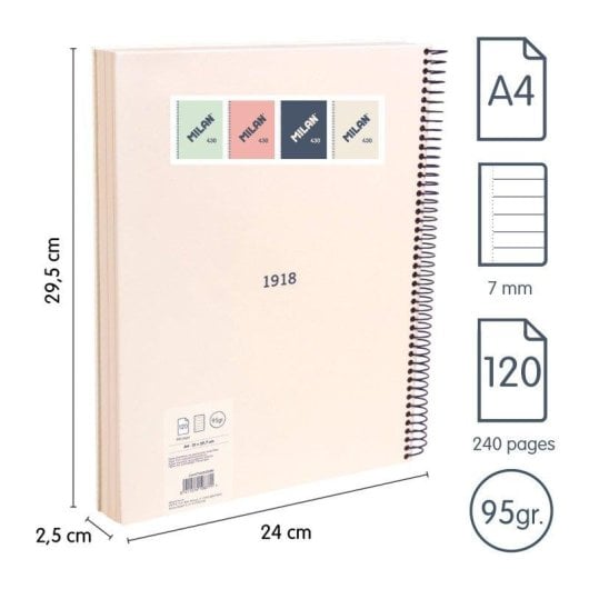 Cuaderno A4 Espiral Tapa Dura Milan 430 Pautado 120 Hojas 95gr Beige