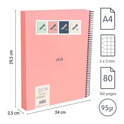 Cahier Milan 430 A4 Couverture Rigide Spirale Papier Quadrillé 80 Pages 95g Rose