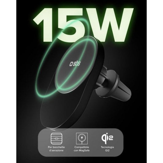 Soporte para coche SBS TESUPPVENTWIRQI215W Carga Inalámbrica 15W Qi2 MagSafe Negro