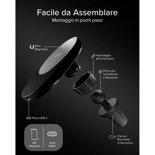 Soporte para coche SBS TESUPPVENTWIRQI215W Carga Inalámbrica 15W Qi2 MagSafe Negro