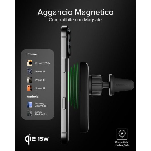 Soporte para coche SBS TESUPPVENTWIRQI215W Carga Inalámbrica 15W Qi2 MagSafe Negro