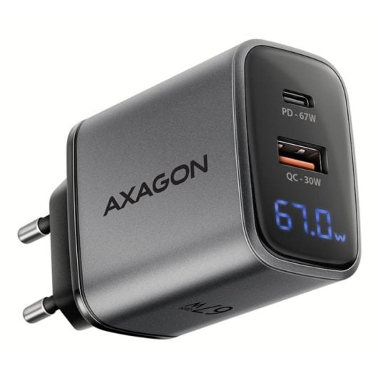Chargeur Axagon ACU-PQ67D 67W USB-C et USB-A GaN Noir/Gris