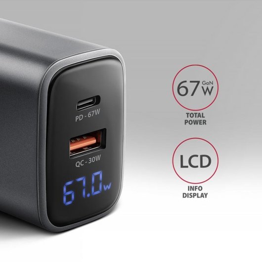Chargeur Axagon ACU-PQ67D 67W USB-C et USB-A GaN Noir/Gris