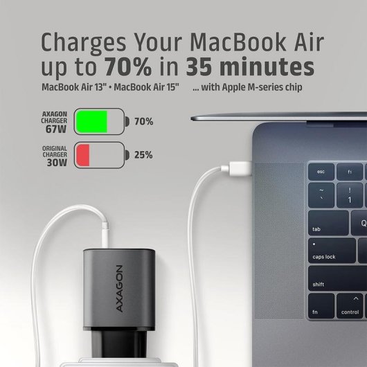 Chargeur Axagon ACU-PQ67D 67W USB-C et USB-A GaN Noir/Gris