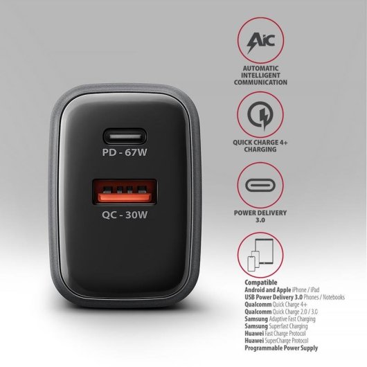 Carregador Axagon ACU-PQ67 67W USB-C e USB-A GaN Carga Rápida