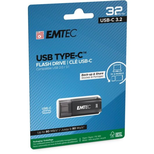 Pen USB Emtec D400 32 GB USB Tipo C 3.2 Gen 1 Preto Leve