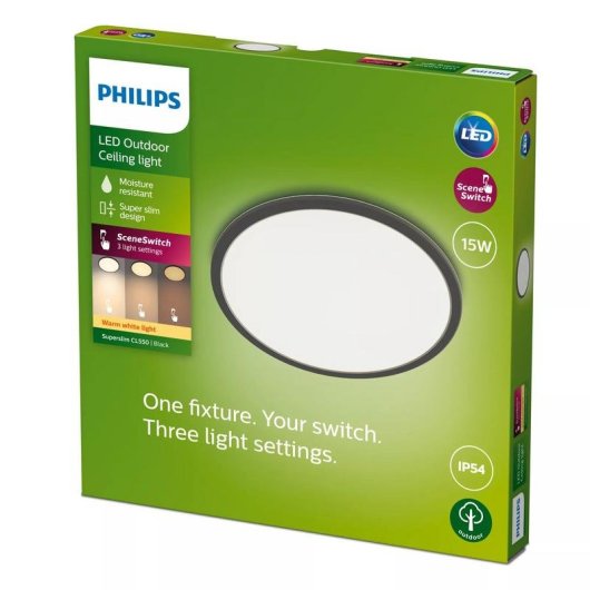 Philips Superslim LED-Deckenleuchte 15W Schwarz IP54 Dimmbar