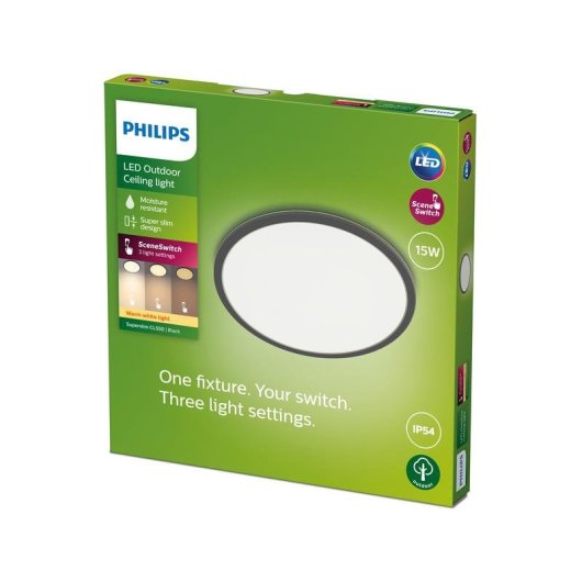 Philips Superslim LED-Deckenleuchte 15W Schwarz IP54 Dimmbar