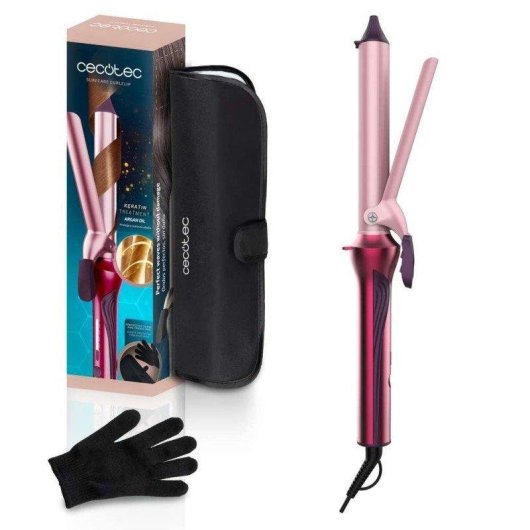 Rizador de Pelo Cecotec SurfCare CurlClip Cerámica Keratina Argán 25mm 120-200°C 5 Ajustes Con Pinza Guante y Bolsa Rosa