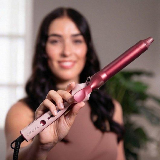 Rizador de Pelo Cecotec SurfCare CurlClip Cerámica Keratina Argán 25mm 120-200°C 5 Ajustes Con Pinza Guante y Bolsa Rosa