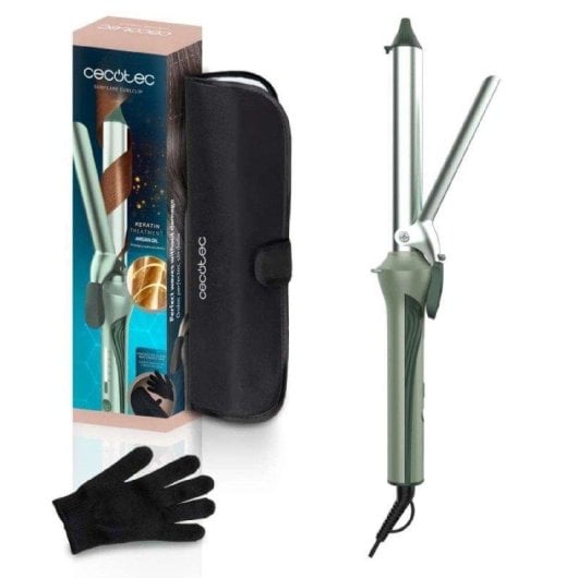 Rizador de Pelo Cecotec SurfCare CurlClip Cerámica, Queratina y Argán 25mm 120-200ºC 5 Niveles Guante y Bolsa Verde Oliva