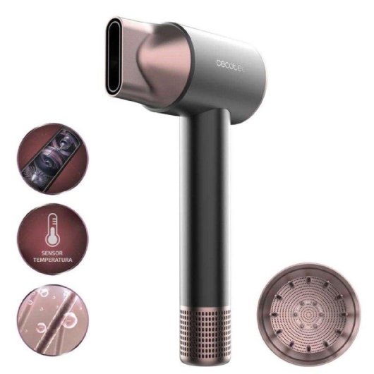 Secador de Pelo Iónico Cecotec DryGlam 2in1 Sensor 1400W 5 Temperaturas 2 Velocidades con Accesorios Negro