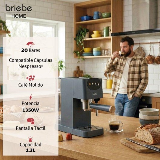 Cafetera Espresso Briebe Nordic 1,2L 20 Bares con vaporizador y pantalla táctil